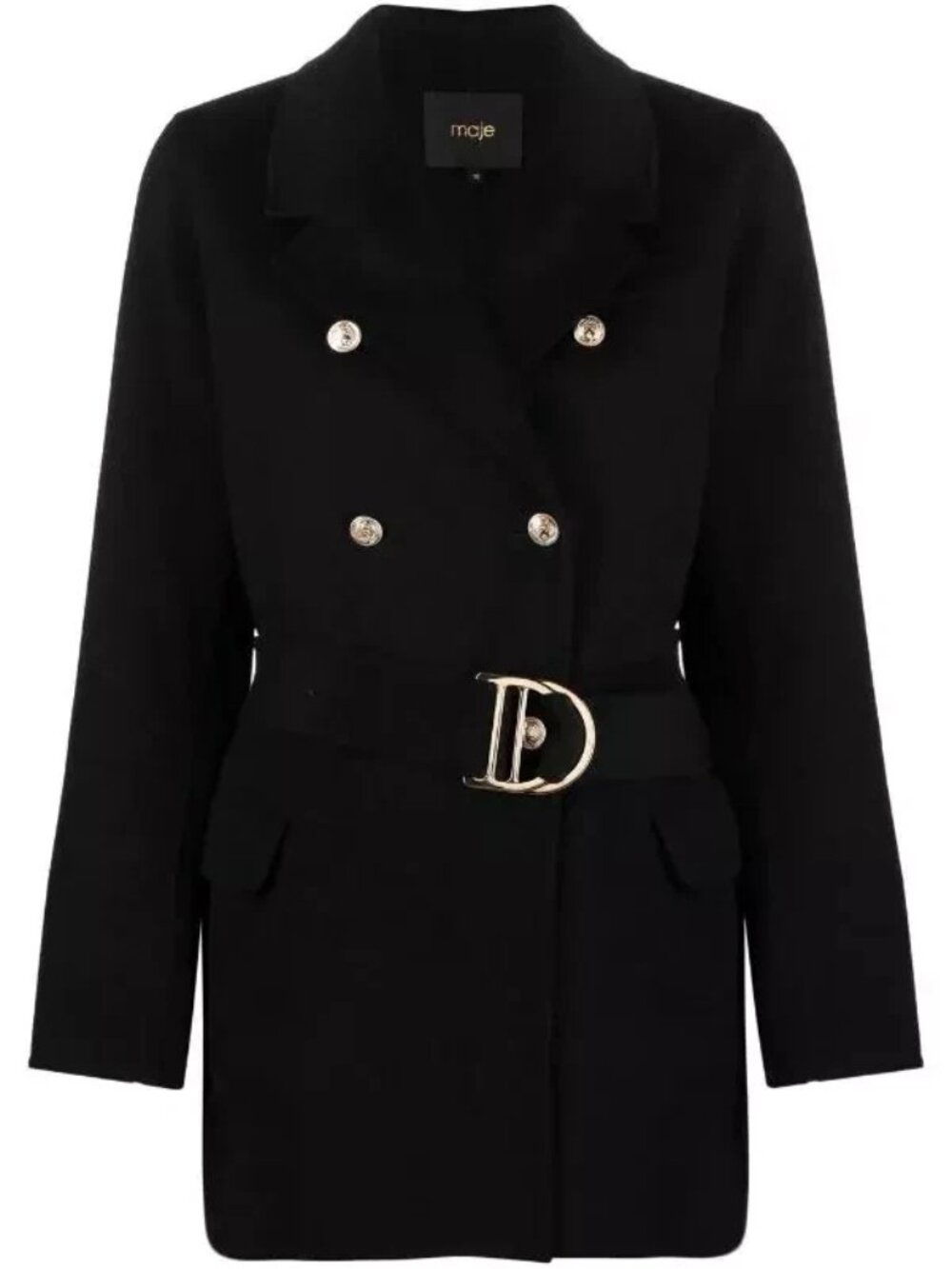 NEW Maje Geovial Belted Double-Breasted Wool Coat In Black Sz 42 #W10